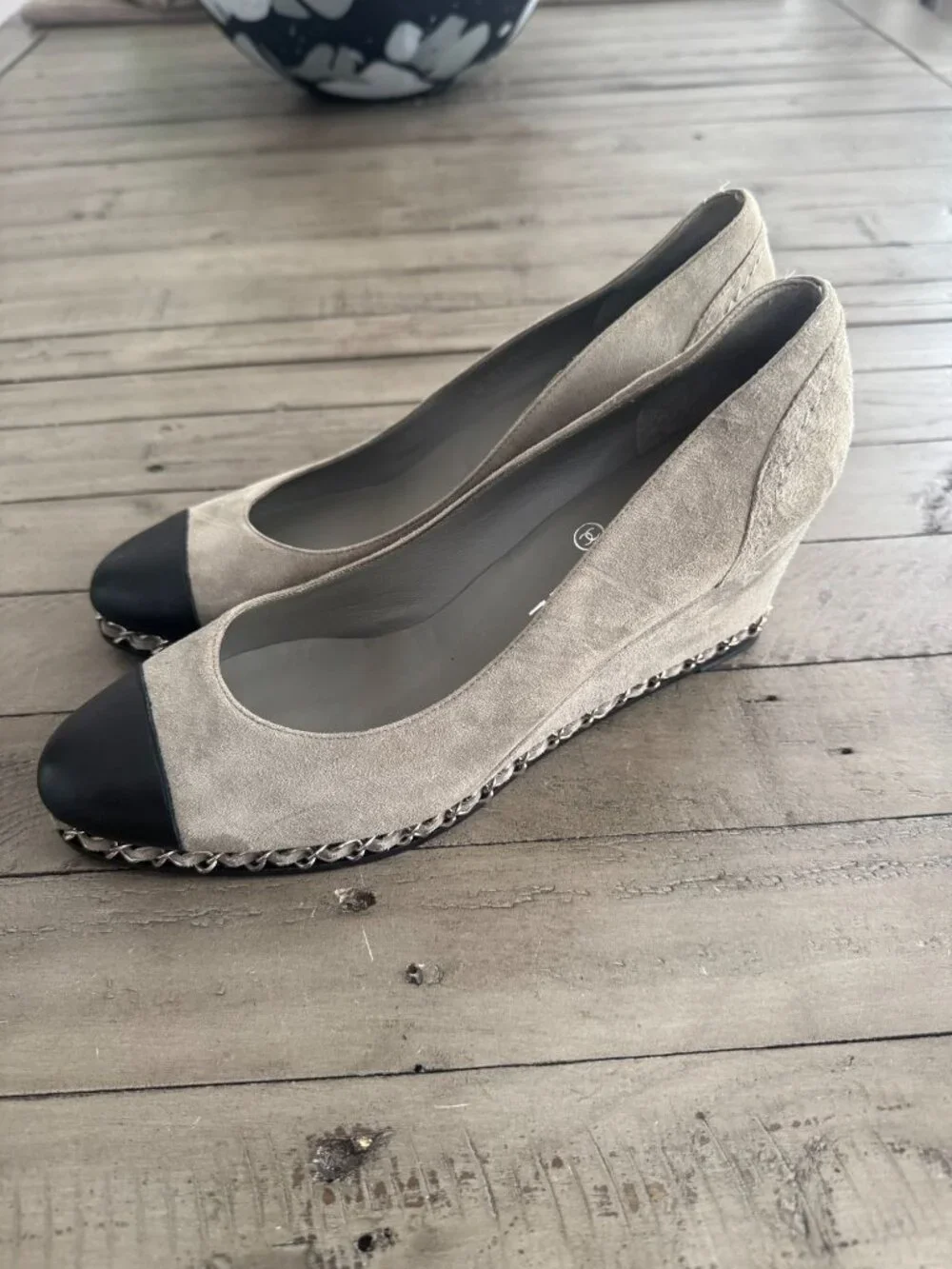CHANEL Suede Cap Toe Chain Link Wedge Heel Pumps Grey Black 38.5